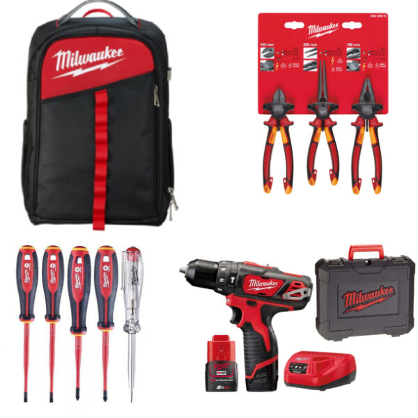 Pack electricista mochila con taladro, alicates y destornilladores milwaukee