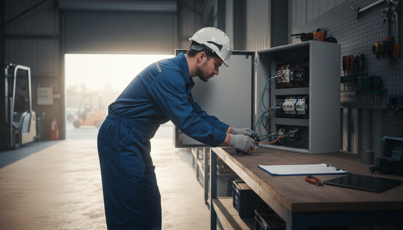 Vuelta al taller: técnico revisando el cuadro eléctrico con la checklist de puesta a punto